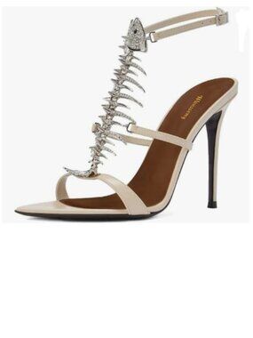 Wansseny White Open Toe Fishbone Rhinestone Ankle Strap Buckle High Heel Sandals